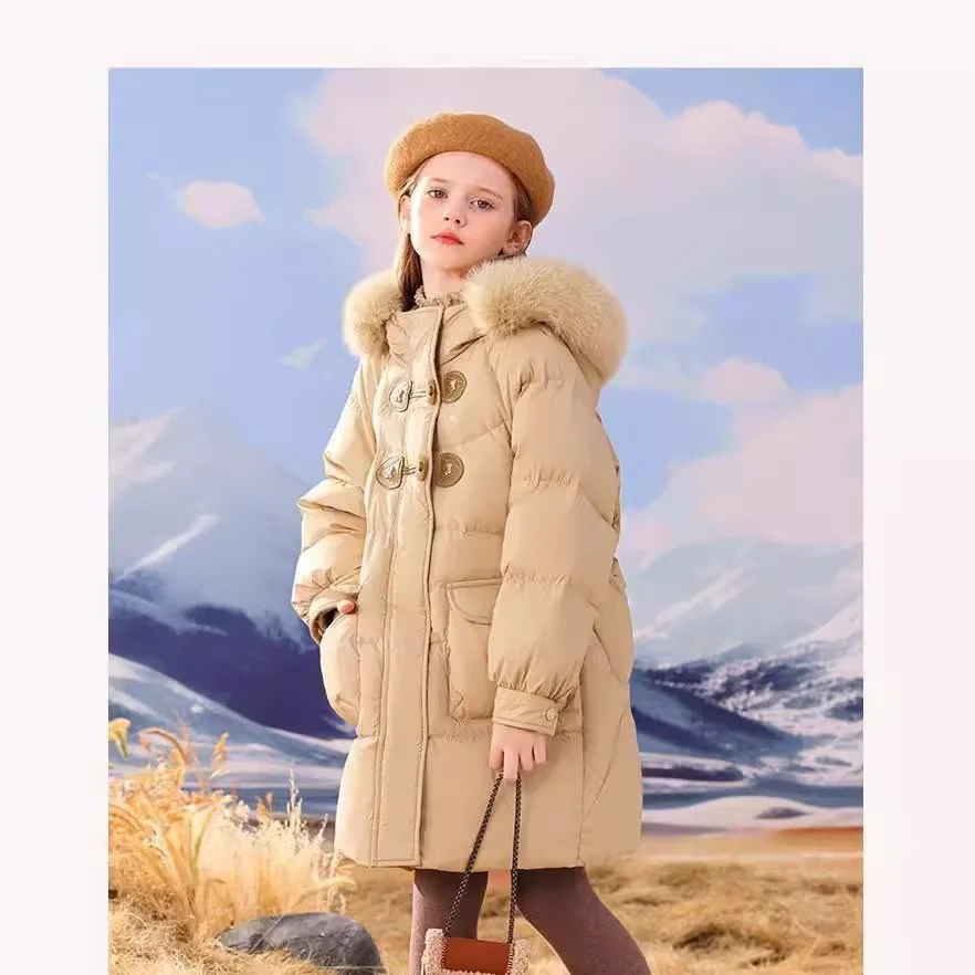 Зимняя куртка для девочек сохраняющая тепло съемная шапка пальто с меховым