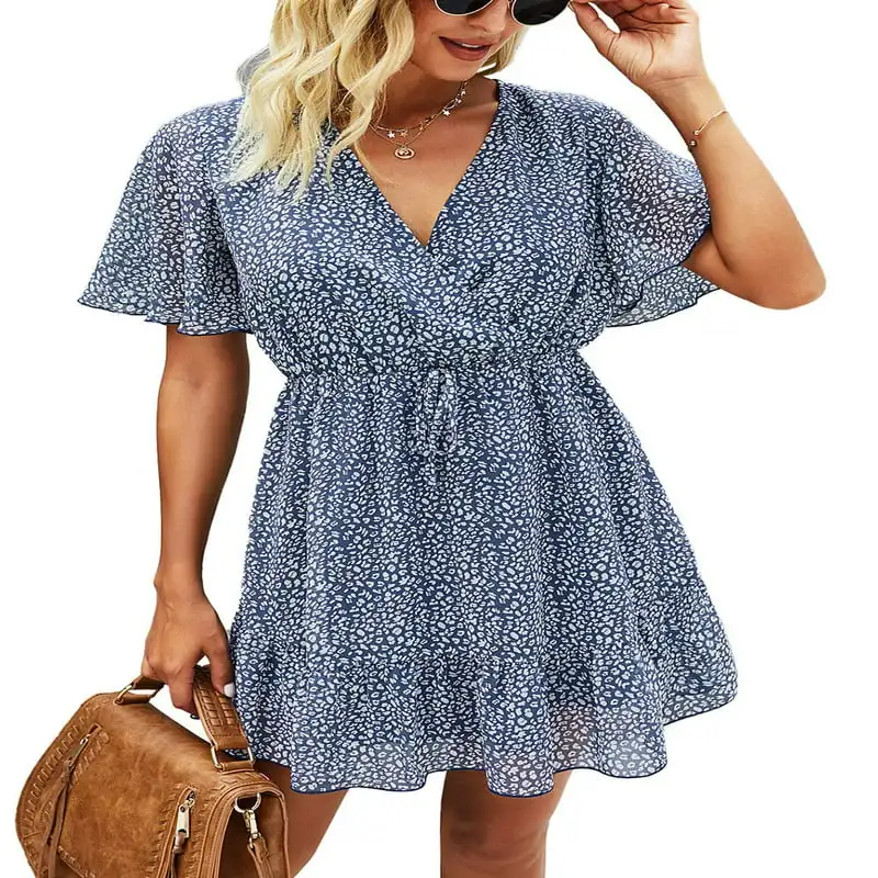 

Summer Dresses Casual Short Sleeve V Neck Ruffle Leopard Print High Waist Flowy Mini Dress with Belt 2XL,Floral Dark Blue