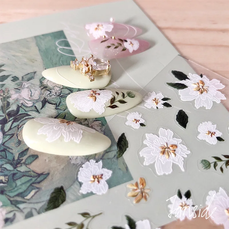 

1 шт. 5D рельефные наклейки для дизайна ногтей белые цветы зеленые листья самоклеящиеся слайдеры наклейки в японском стиле украшения для дизайна ногтей