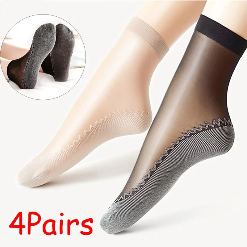 4 Pair Spring Summer Women Soft Socks Casual Non-Slip Bottom Splice Fashion Transparent Ladies Girls Breathable Thin Silk Sock
