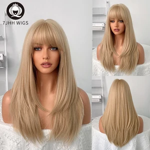Imported 7JHH Wigs Blonde Color Long Straight Synthetic Wig with Bangs Woman Natural Wigs Heat Resistant Fake