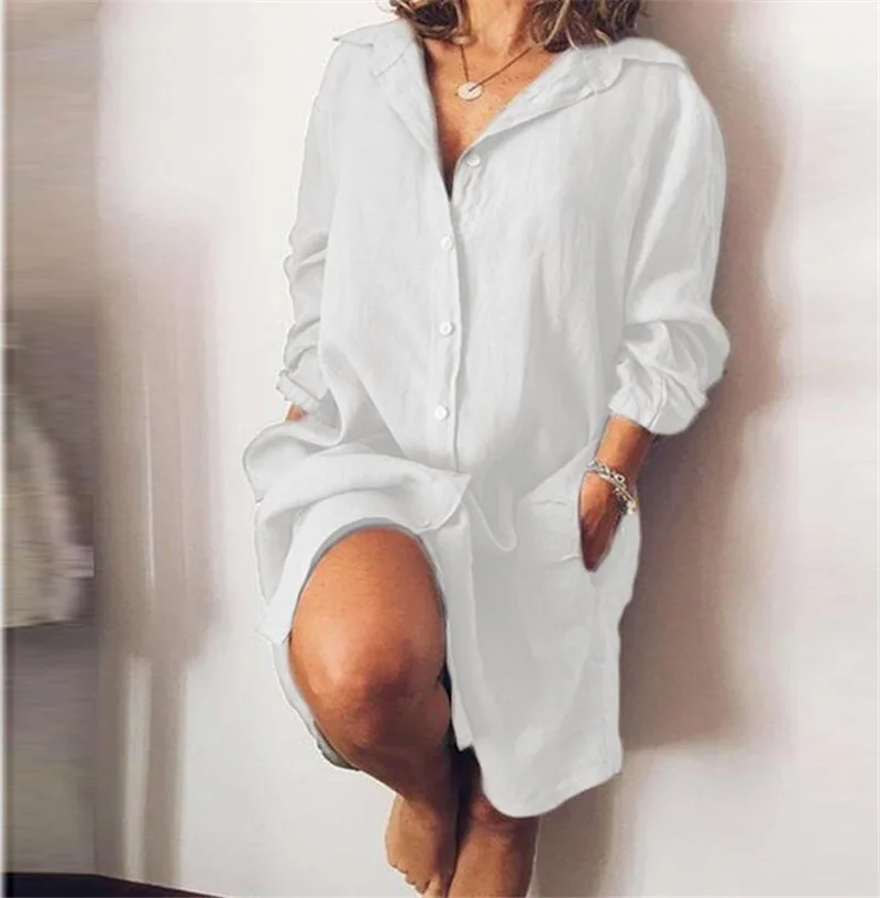 

2022 Autumn Cotton Linen Women's Shirt Dress Long Sleeve Solid White Casual Dresses Female Summer Fashion Loose Ladies Clothes