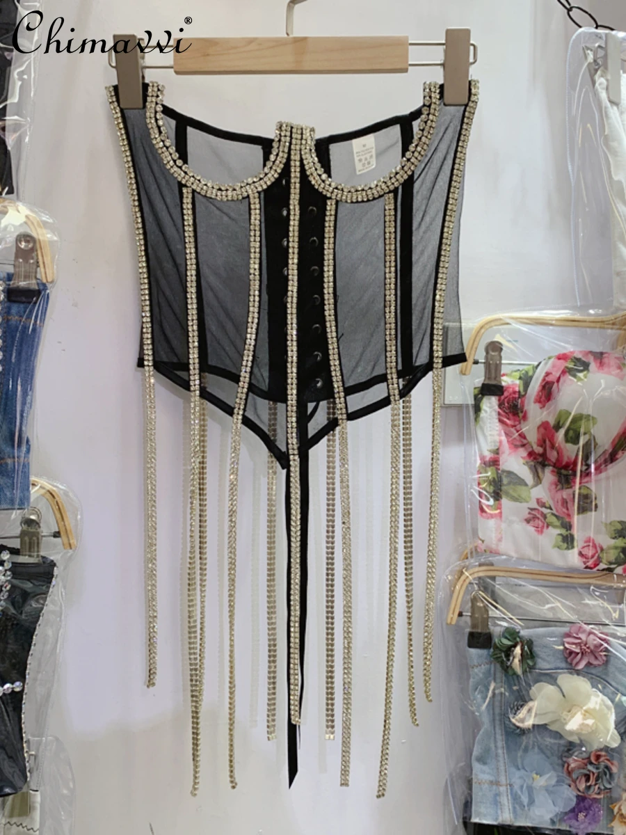 New Female European Mesh See-through Stitching Diamond Tassel Tank Women's 2022 Summer Fashion Sexy Fishbone Waist Tube Vest Top