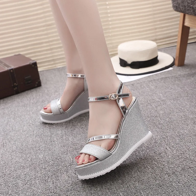Women Sandals 10cm High Heels Fashion Solid Thick Platform Summer Pumps For Womans Party Shoes Blingbling Wedges Female Sandals