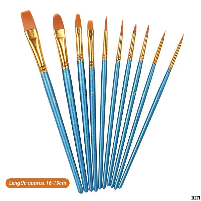 

10Pcs Artist Paint Brush Set Nylon Hair Wood Black Handle Watercolor Oil Brush