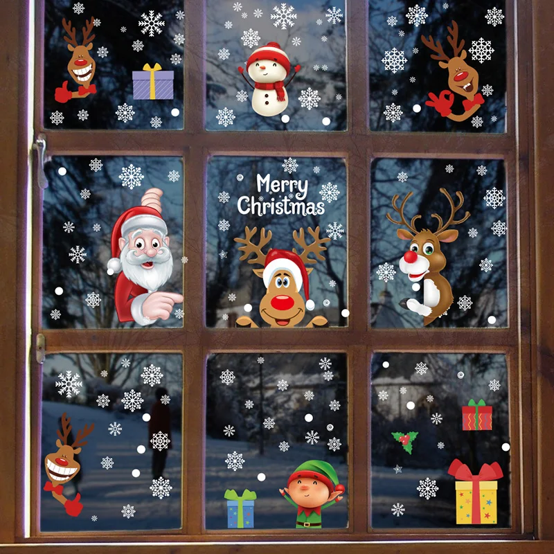 

Home Christmas Theme Removable Santa Elk Window Wall Sticker Christmas Snowflake Decals Decorations