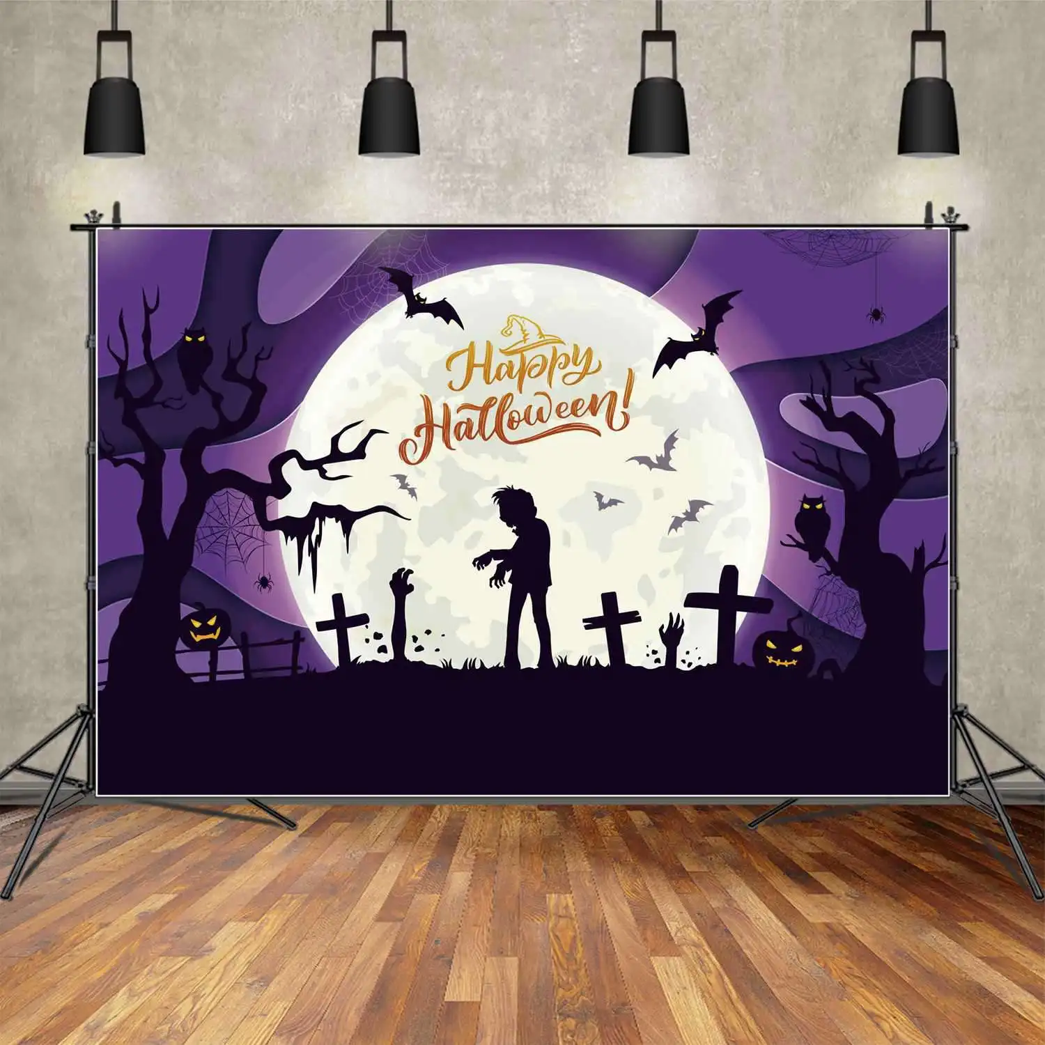 

MOON.QG Backdrop Happy Halloween Banner Zombie Tombstone Decor Background Jack O Lantern Spider Web Owl Tree Branch Photo Booth