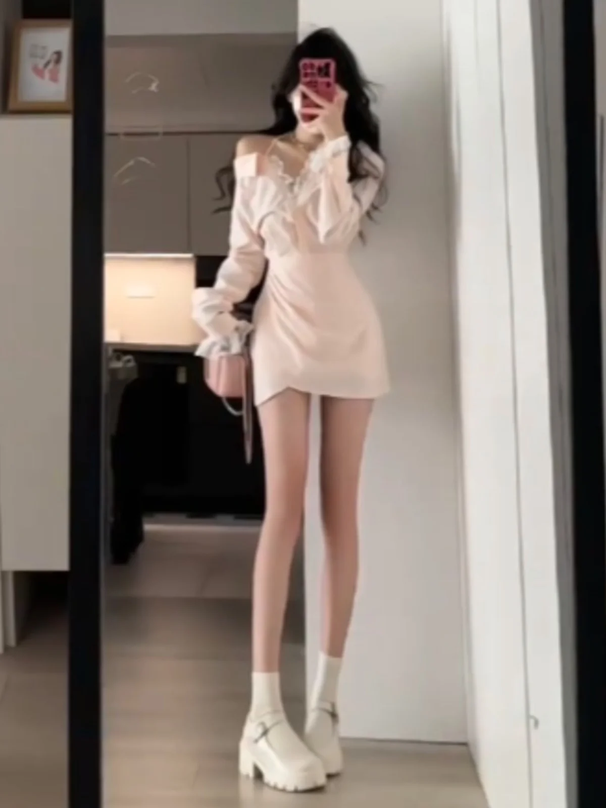 Fishing Series Dating Dress Beautiful Unique Small Skirt off-the-Shoulder Long sleeve Shirts Korean At...