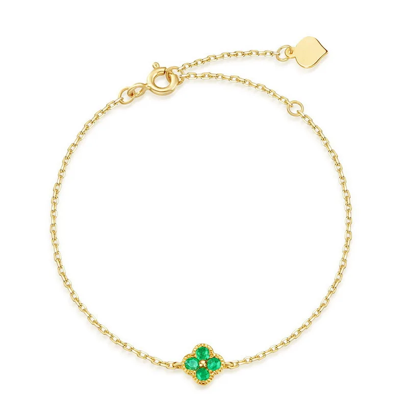 

100% Sterling 925 Silver Emerald Four-leaf Charm Bracelet 14K Gold Plated Women's Hand Chain Fashion Fine Jewelry Link For Gift