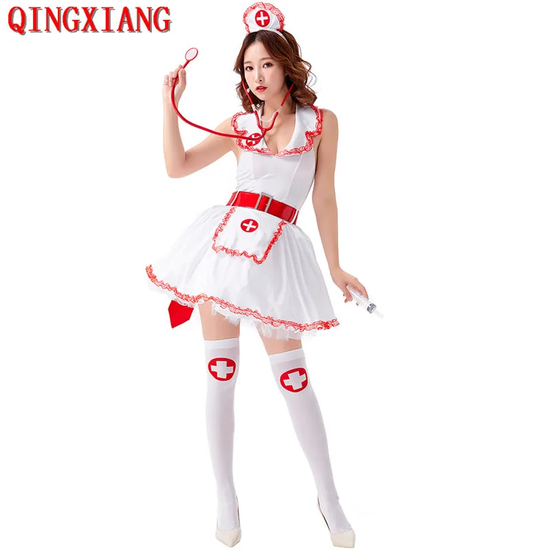 

4 Pieces 2022 Women Nurse Uniform Sexy Short Backless Ball Gown Dress With Hat Big Red Bow Belt Set Night Club Cosplay Costume