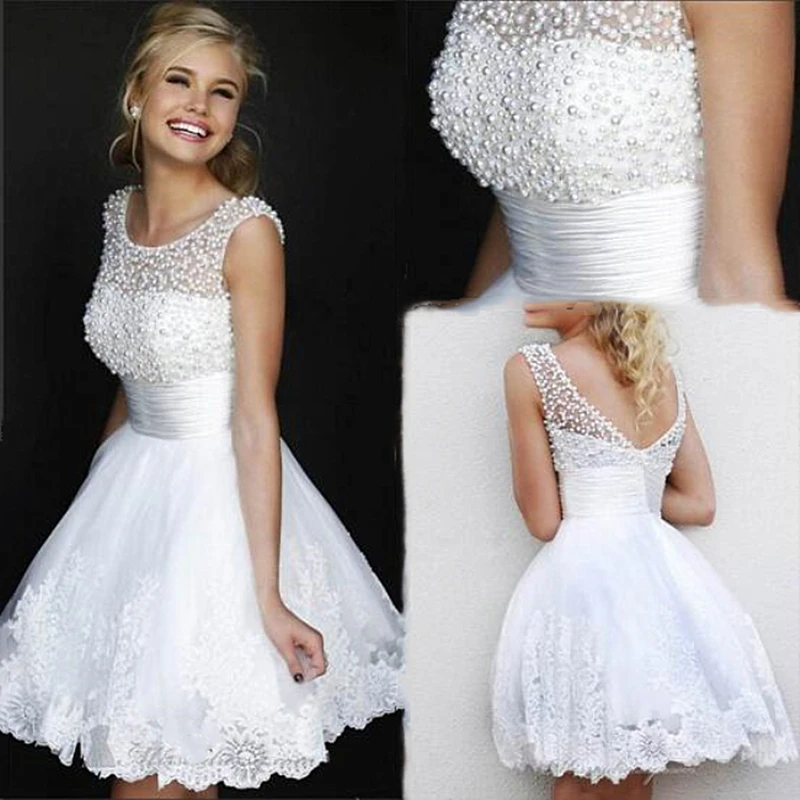 

White Pearls Short Wedding Dresses A-Line Scoop Neck Open Back Mini Bridal Gowns Appliques Lace Custom Made Vestido De Novia