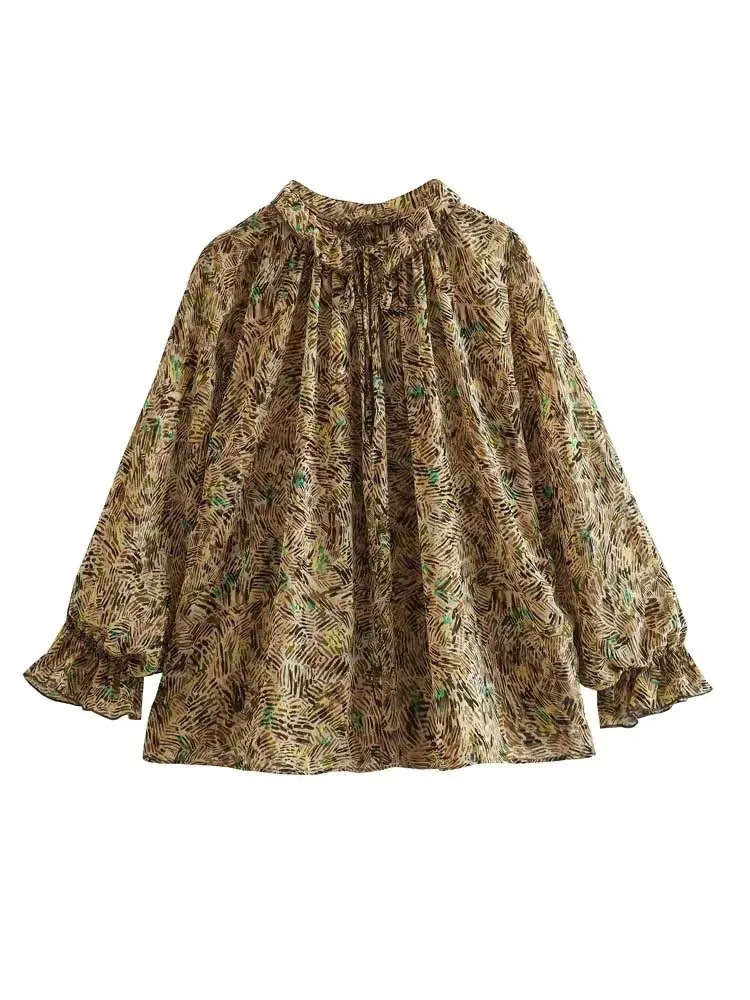 

ZBZA Vintage Print Blouse Women Pleated Long Sleeve Top Female Fashion Summer Blouses Woman 2023 Beach Casual Loose Blouses