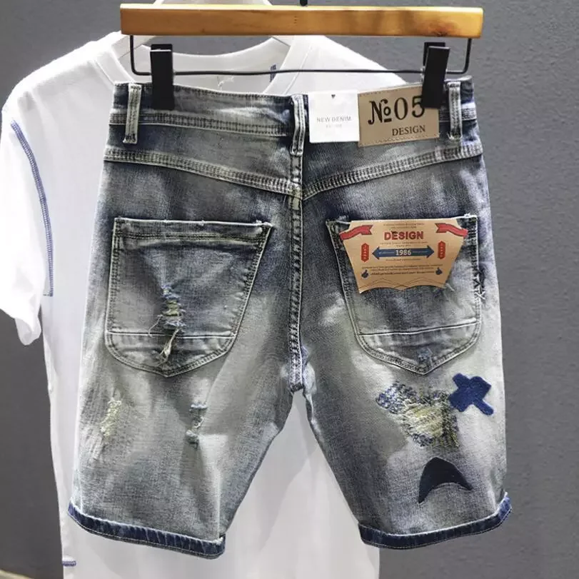 2023NEW Gray Denim Shorts Holes Jeans Elastic Casual Shorts High Quality Male Stretch Cotton Denim Jeans Shorts Knee Length Jean