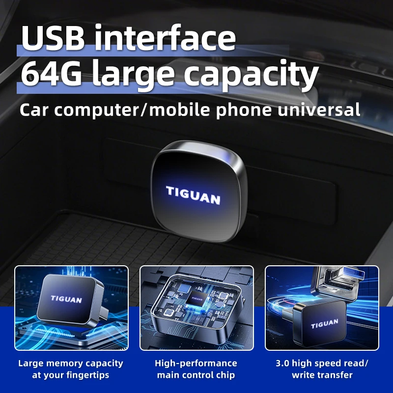 Фото Автомобильный USB-накопитель 32/64 ГБ для видеорегистратора, совместимый с Type-C/USB, для установки в салон автомобиля VW Jetta Passat GTI Golf Tiguan №1