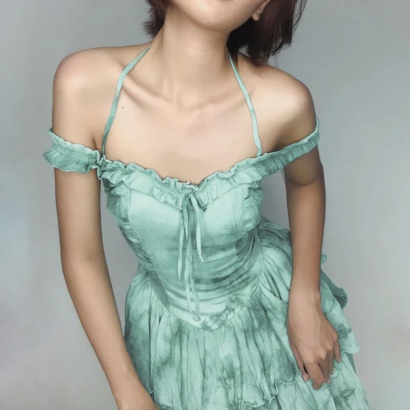 

Retro Stitching Women's Sexy Y2k Halter Neckline Collar Folds Slim Sleeveless Princess Dress for Women Summer 2021 New Style