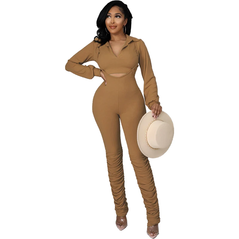 

Two Piece Set Fashion Solid Color Full Sleeve Lapel Top + Slim Folds Pencil Pants Casual Women Sport Fitness Home Wear Outfits