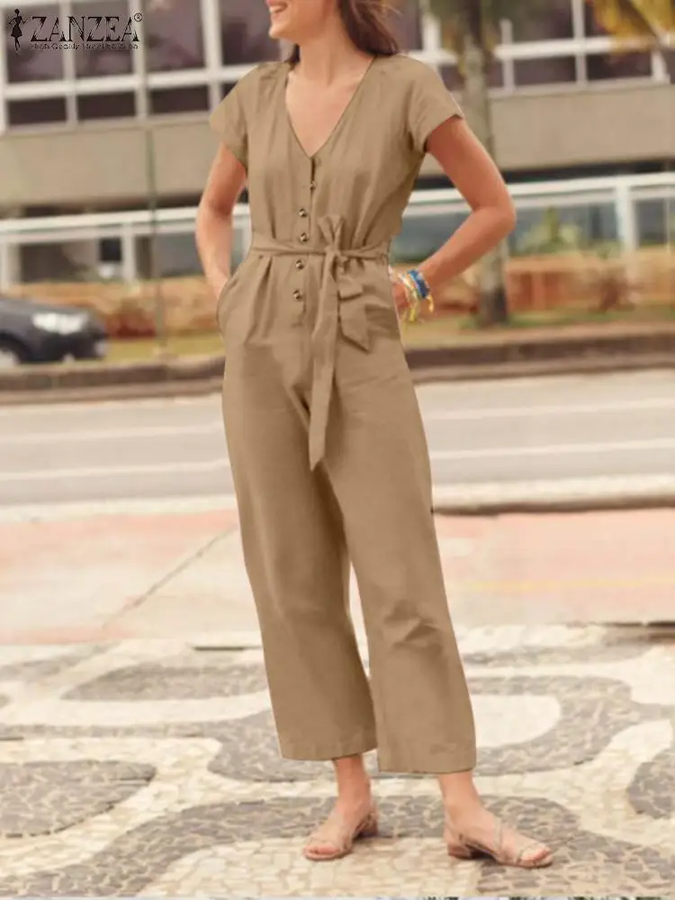 

New Summer Overalls For Women ZANZEA 2022 Short Sleeve Female V Neck Jumpsuit Loose Playsuits Elegant Vacation Rompers Oversized