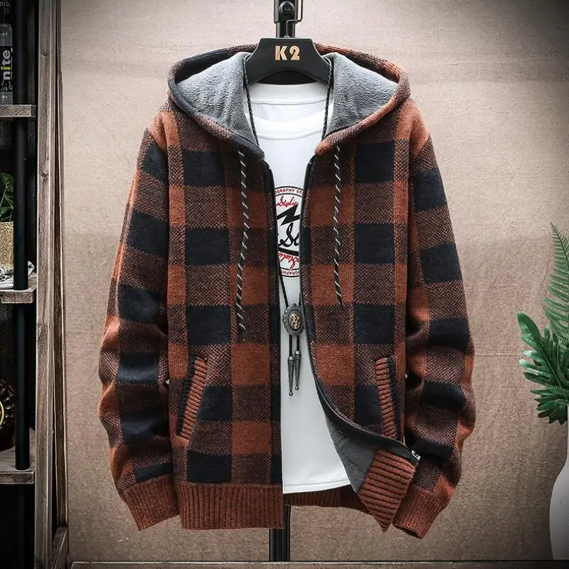 Knitted Cardigan Sweater Fall/Winter New Fleece Male Jacket Men's Clothing Plaid Printed Long Sleeve Warm Hooded Sweater Coat