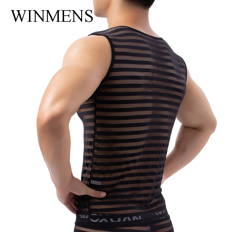 Men's Undershirt See Through Mesh Vest Striped Elastic Singlet O-neck Sleeveless Tank Tops  Transparent Muscle Shirts