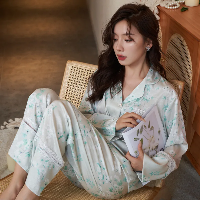 Women's 3 Piece Pajamas Sets Soft Cute Floral Pijama Faux Silk Satin Pyjamas Female Sleepwear Long Sleeve Shirt Trouser Homewear