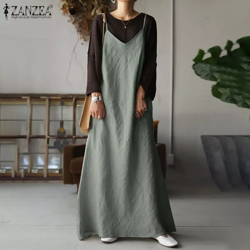 

Vintage Spaghetti Strap Dress Women Summer Sundress ZANZEA 2022 Casual Summer Maxi Vestidos Female V Neck Robe Femme