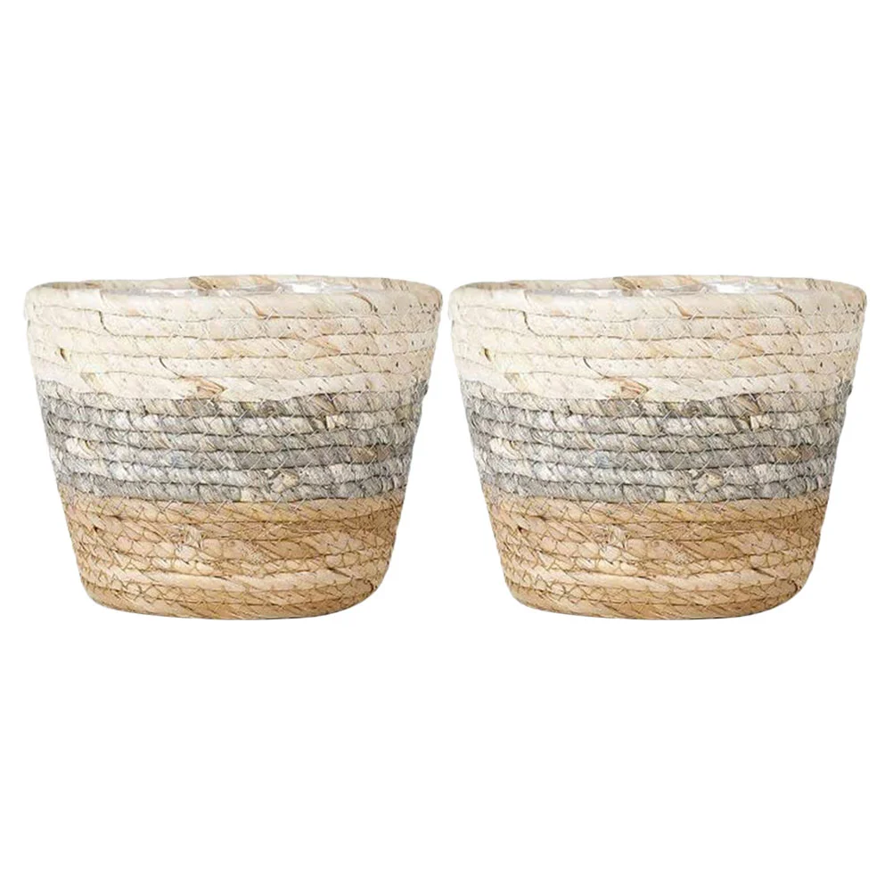 

2 Pcs Flower Basket Decorative Baskets Indoor Planters Desktop Decors Rustic Girl Straw Woven Rectangular Outdoor Pot