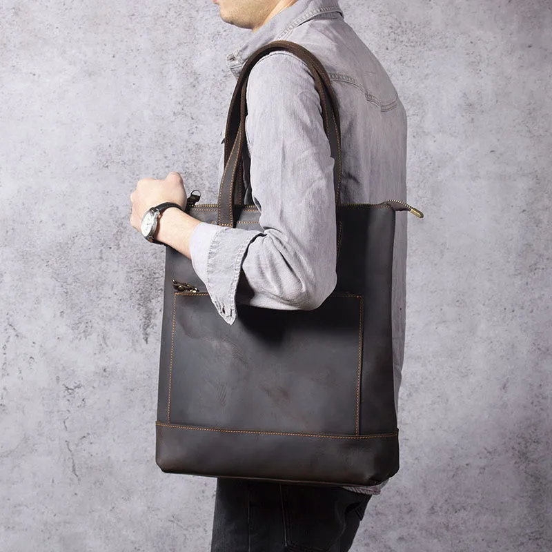 Vintage natural crazy horse cowhide men's handbag simple casual tote bag genuine leather daily work 14-inch laptop shoulder bag