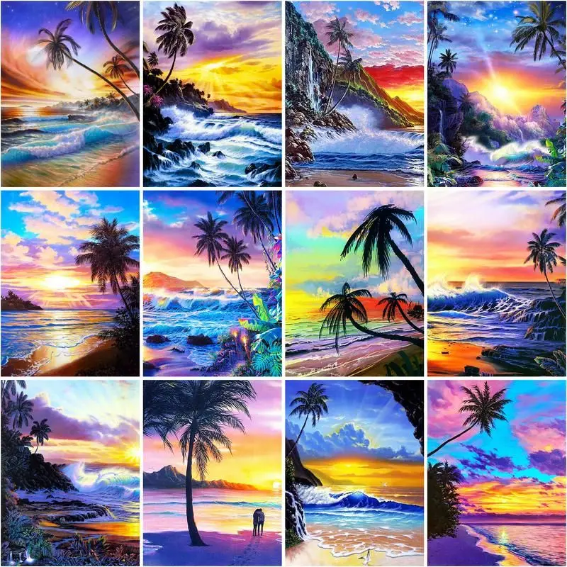 

GATYZTORY Painting By Number Seaside scenery Kits For Adults Handpainted Pictures By Number coconut tree Home Decoration DIY