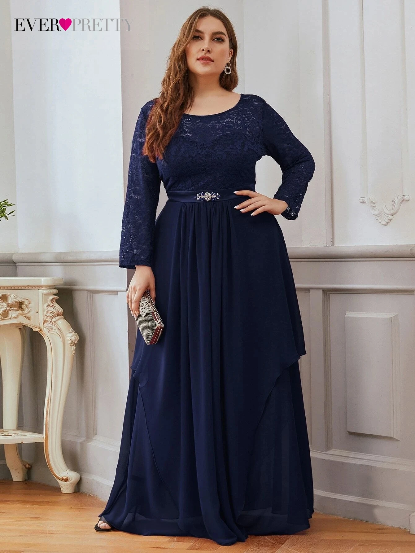 

Plus Size Elegant Evening Dresses Long A-LINE O-Neck Full sleeve Floor-Length Gown 2022 Ever Pretty of Bridesmaid Women Dress