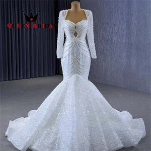 Женское свадебное платье-Русалка It's yiiya, белое изящное платье до пола с длинными рукавами, расшитое жемчугом и блестками на лето 2024