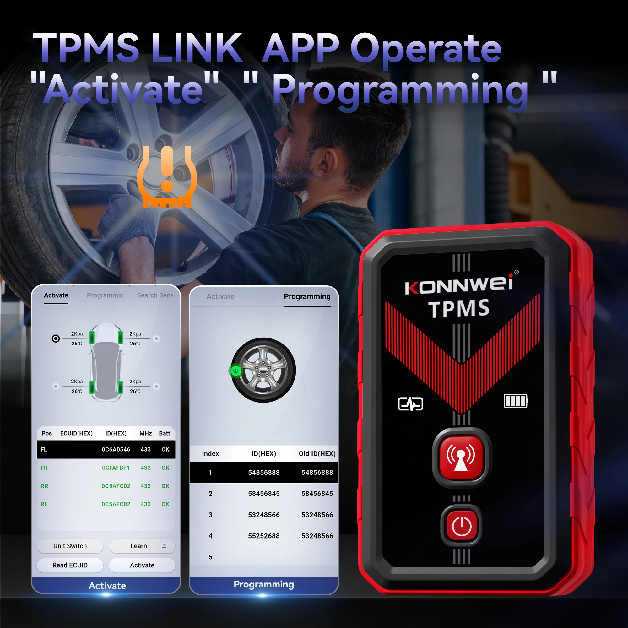 Фото 2026 KONNWEI TK100 Программируемые датчики TPMS для автомобилей, инструмент для перепрограммирования OBD, 433 МГц/315 МГц, программирование через СМС, система контроля давления в шинах №2