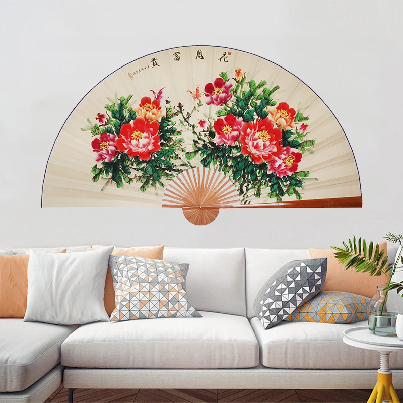 

Large Folding Paper Fan Chinese Style Crafts Banboo Frame Background Decorative Fan Hanging Antique Peony