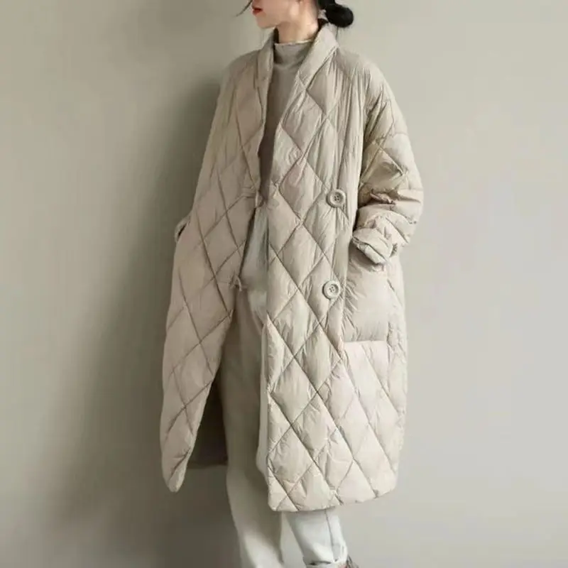 Winter Down Cotton Coats Women 2022 Warm Long Parkas Loose Ladies Jacket Quilted Pockets Button Solid Overcoat Female Clothing