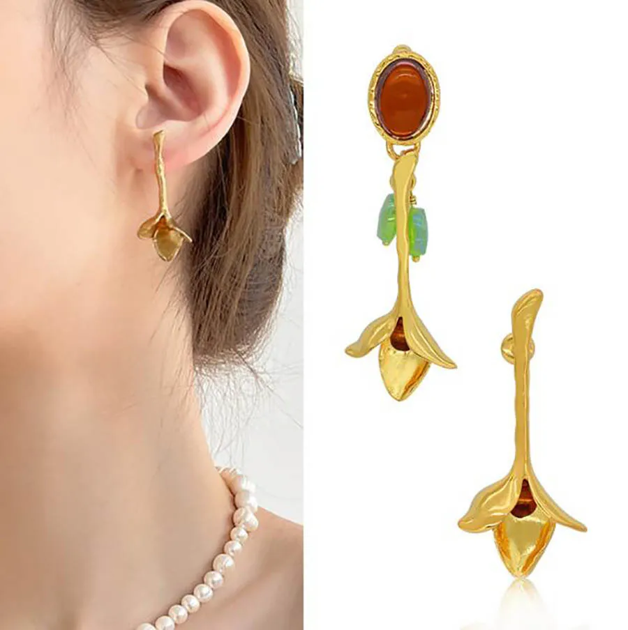 

22 New AB style Glass Color Bead Earrings Women's Retro senior golden rose vintage asymmetrical fashion jewelry best gift