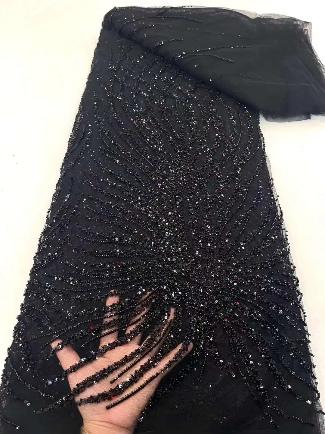 

Black African French Tulle Lace Fabric 2023 High Quality Embroidery Luxury Beaded Sequins Lace Fabric For Nigeria Asoebi Dress