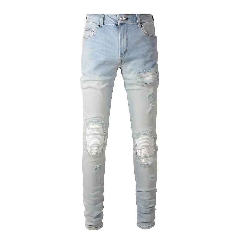 

Men Pale Light Blue Biker Jeans Cracked Pleated Patch Patchwork Stretch Denim Pants Streetwear Holes Ripped Skinny Trousers