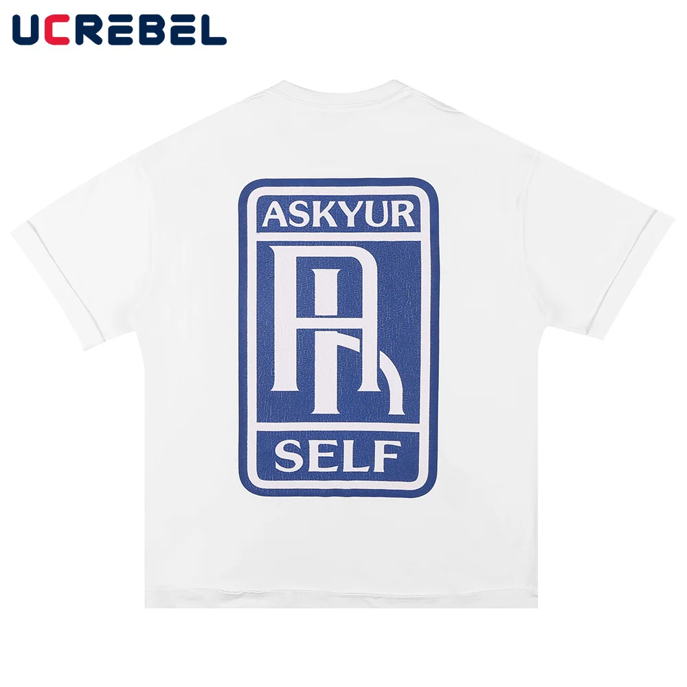 

Letter Print Short Sleeve T-shirt Mens Summer Streetwear Loose Round Neck Cotton Tee Casual Shoulder Drop Half-Sleeve Top Men