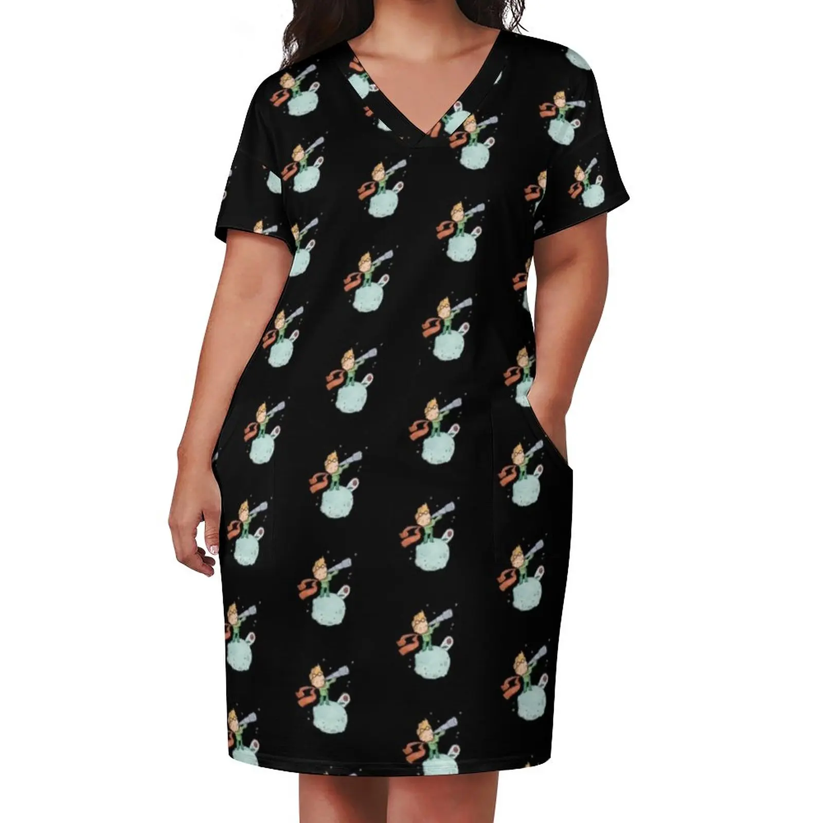 The Little Prince Dress V Neck Moon And Fox Print Retro Dresses Woman Street Style Graphic Casual Dress With Pockets Plus Size