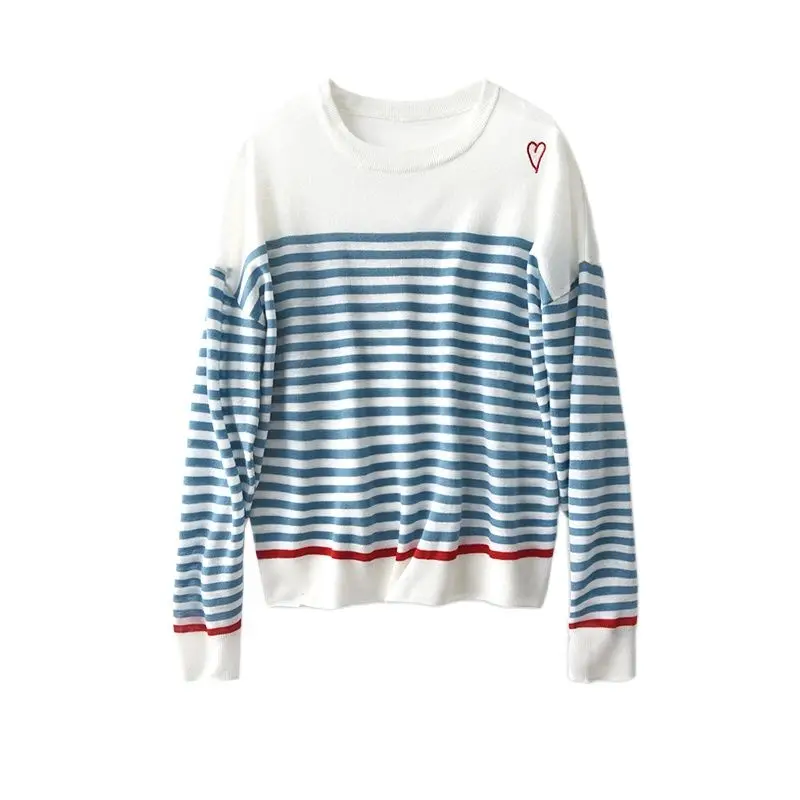 

SHUCHAN Thin Striped Casual Sweater Women Wool Blend Free Shipping Items Clothes for Women Summer 2022 Long Sleeve