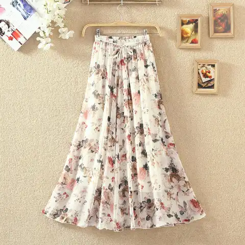 Multicolor Lace-up Fashion A-line Floral Skirts Womens 2021 FreshThin Chiffon Long Skirt Bohemian Beach Pleated Long Skirt