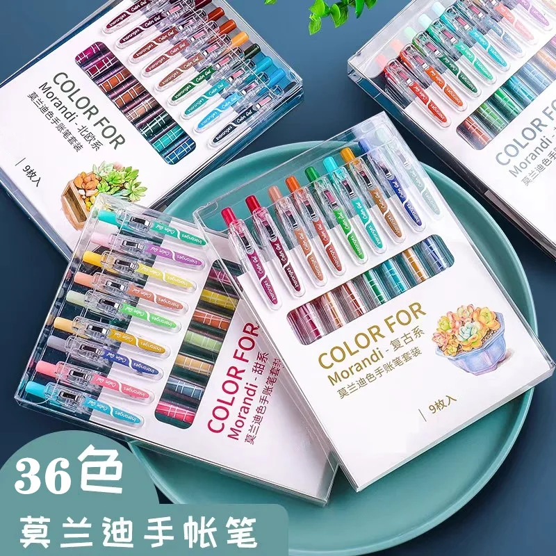 

9PCS Kawaii Press Morandi Ink Gel Pen Bullet Tip 0.5mm Color Office Child Stationery School Supply for Writting Brush Pens