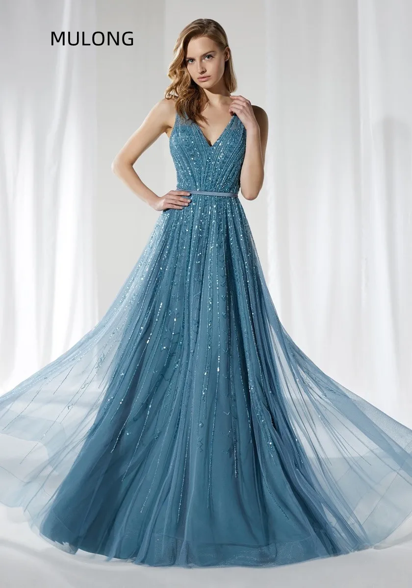 

MULONG Bling V Neck Straight Arabic Evening Dress Luxury Evening Dresses 2023 Dubai Formal Dresses for Women Wedding Party