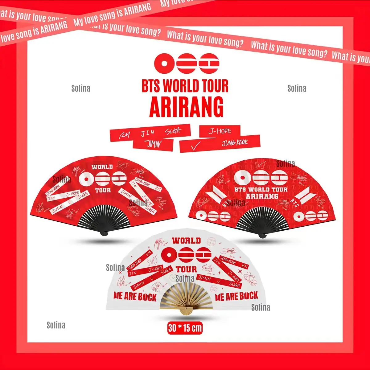 Фото Складной веер BTS World Tour Arirang, 30*15 см, 11,8 дюйма, с двусторонней печатью, коллекционный, подарок для фанатов №1