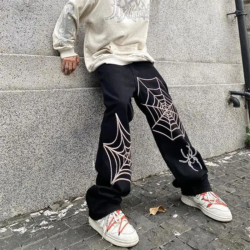 

Spider Web Embroidery Straight Casual Jeans Pants Men and Women Vibe Style Ripped Oversize Loose Denim Trousers Streetwear