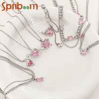 pink crystal heart pendant necklace stainless steel chain imitation pearls necklaces for women girls kpop jewelry aesthetic gift