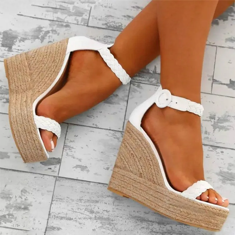 

Women Wedge Platform Sandals Fashion Straw Buckle High Heels Shoes Summer Open Toe Casual Footwear