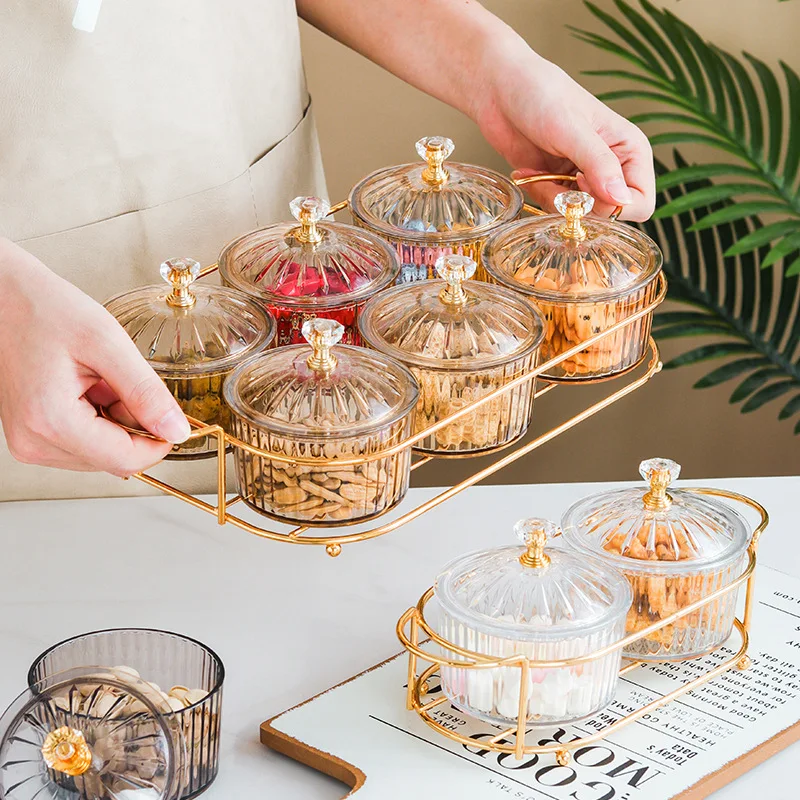 

Nordic Dried Fruit Plate Snack Dish Transparent Round Fruit Dish Snack Grid Plate Snack Tray Iron Box with Lid Dessert Tray