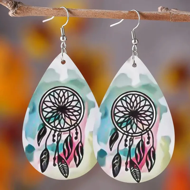 

1Pair Bohemian Fashion Style PU Leather Droplet Earrings Print Men's and Women's Daily Wear Ear Jewelry Creative Personalized Gi