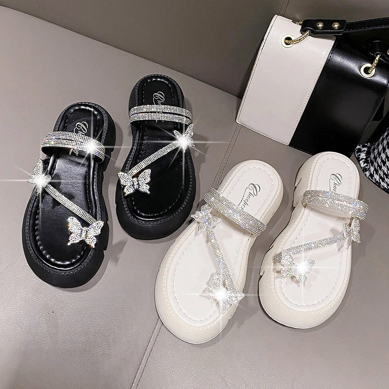

Female Shoes Glitter Slides Butterfly-Knot Med House Slippers Platform Fashion 2023 Jelly Soft Luxury Flat Scandals Crystal PU