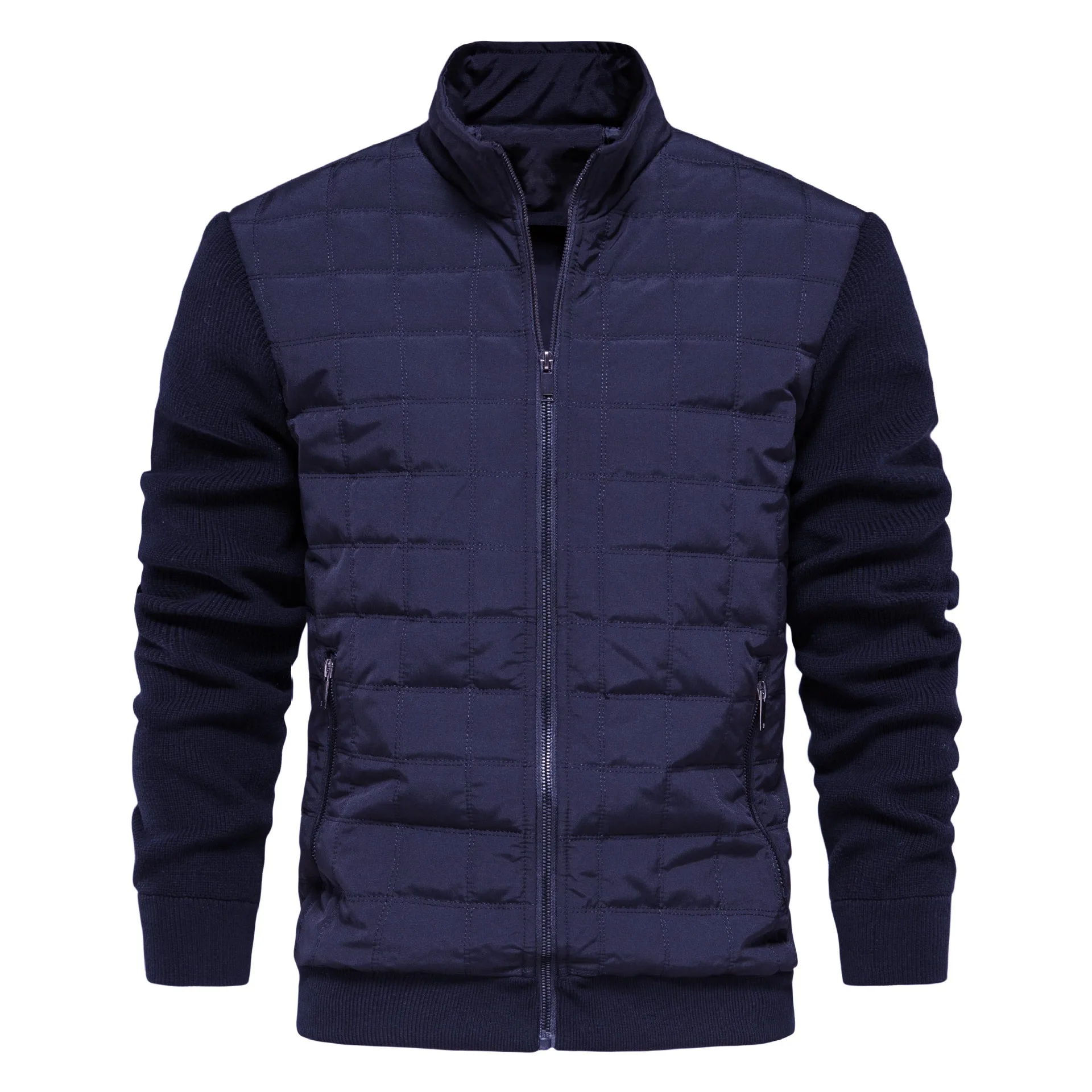 LUCLESAM Men's Stand Collar Jackets Stitching Knitted Sleeve Zipper Cotton Coats Winter New Business Casual Men Warm Clothing